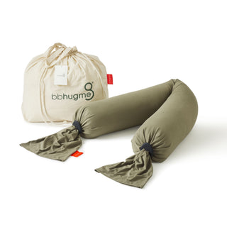 bbhugme dusty olive pregnancy pillow with drawstring bag on a white background