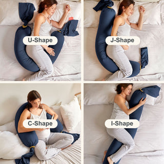 Woman using a U-shaped, J-shaped, C-shaped, and I-shaped bbhugme pregnancy pillow on a bed.