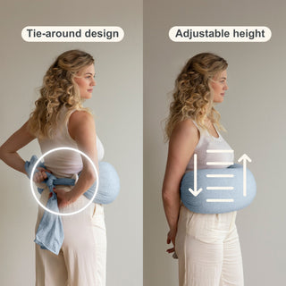 Woman using a tie-around bbhugme nursing pillow with adjustable height feature.