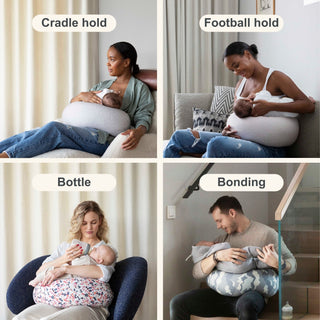 Collage of four scenarios showing people using a bbhugme nursing pillow 