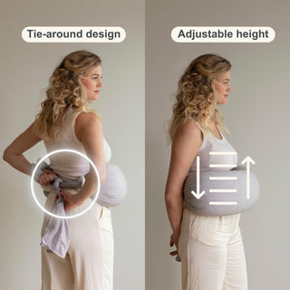Woman wearing a tie-around bbhugme nursing pillow with adjustable height feature.