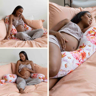 Collage of a pregnant woman in various poses with a bbhugme pregnancy pillow on a bed.