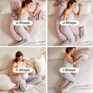 Woman using a U-shaped, J-shaped, C-shaped, and I-shaped bbhugme pregnancy pillow on a bed.
