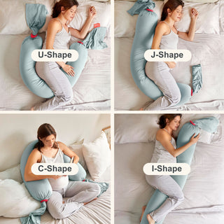 Woman using a U-shaped, J-shaped, C-shaped, and I-shaped bbhugme pregnancy pillow on a bed.