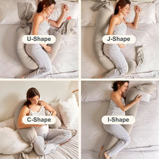 Woman using a U-shaped, J-shaped, C-shaped, and I-shaped bbhugme pregnancy pillow on a bed.