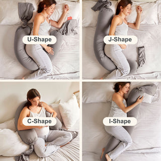 Woman using a U-shaped, J-shaped, C-shaped, and I-shaped bbhugme pregnancy pillow on a bed.